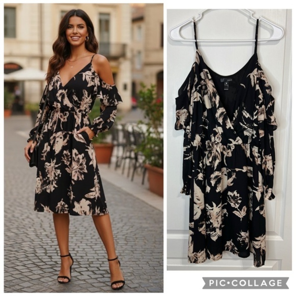 Aqua Black and Cream could shoulder Floral Midi Dress size L